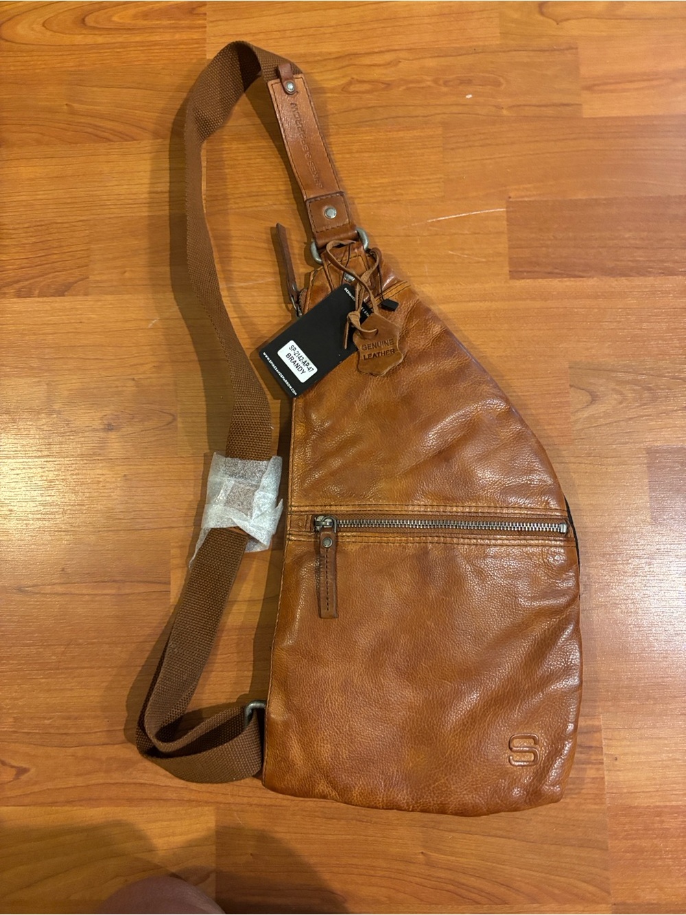 Sling Crossbody Bag in Tan Leather with Adjustable Strap